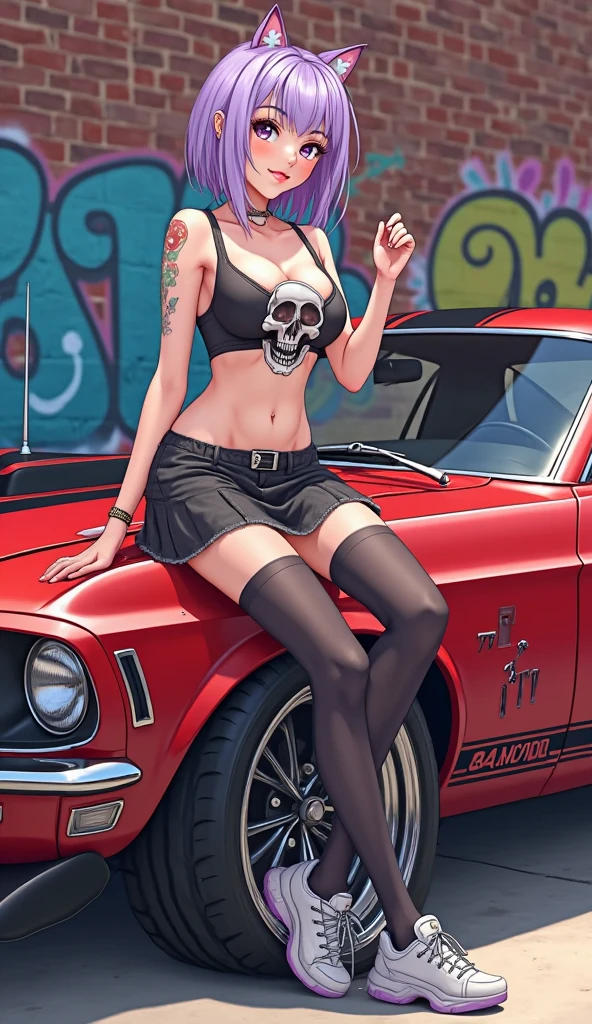 Beautiful Caucasian woman. Fitness body. Round breasts. Just one woman. Alone. Western woman. Long hair with 1 braid. Purple hair. Bright purple eyes. woman in formula 1 driver's outfit with cleavage on her breasts. Clothing with strawberry print. Sports car with strawberries texture behind it. She is in a place full of strawberries on a sunny day. Dynamic light. Dynamic shadows. High resolution. Detailed.