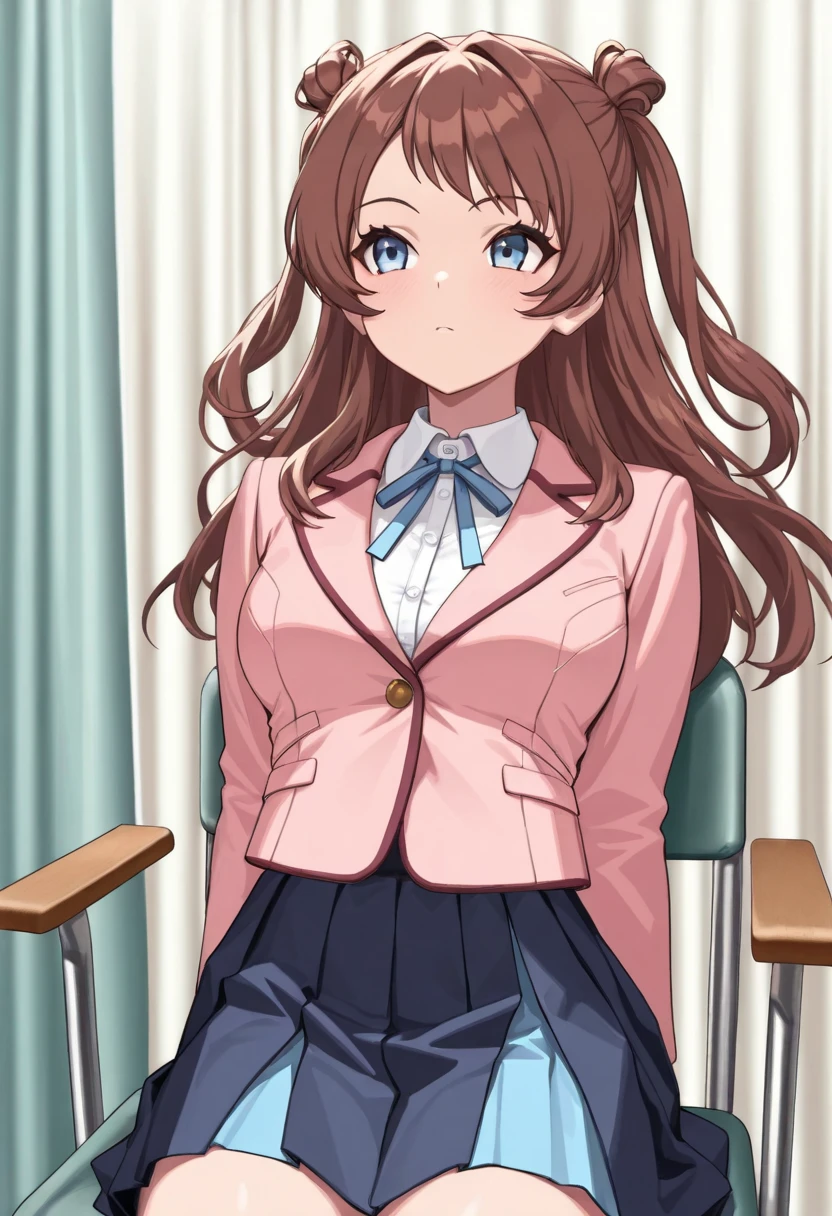 (masterpiece, ultra high definition, 16k, RAW photo, intricate), sharp focus, crisp details, 1girl , (sakihanami), Infirmary, sitting chair, (cowboy shot), brown hair, long hair, hair bun, double bun, two side up, blue eyes, medium breasts, school uniform, blazer, (pink jacket), white shirt, collared shirt, neck ribbon, blue ribbon, blue skirt, pleated skirt, overskirt, (simple background), blur the background