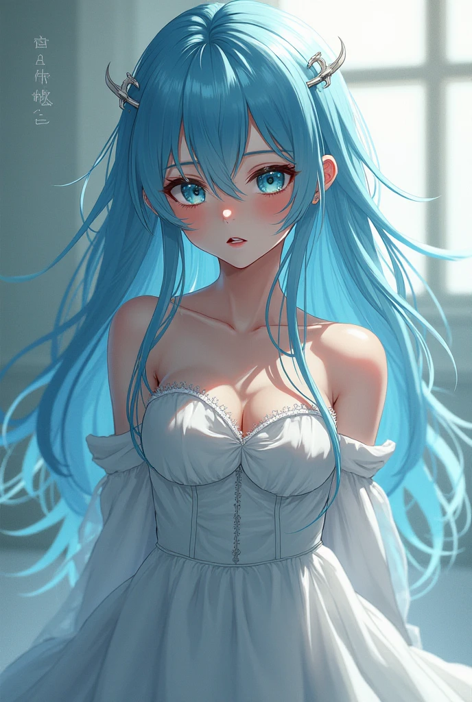 a women, blue hair, blue eyes, white dress