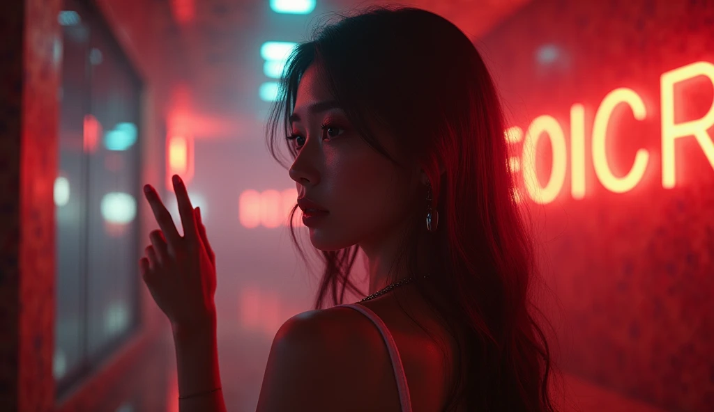 8k Beautiful Naked Asian Woman With big tits, on the space with a Neon Colors behind