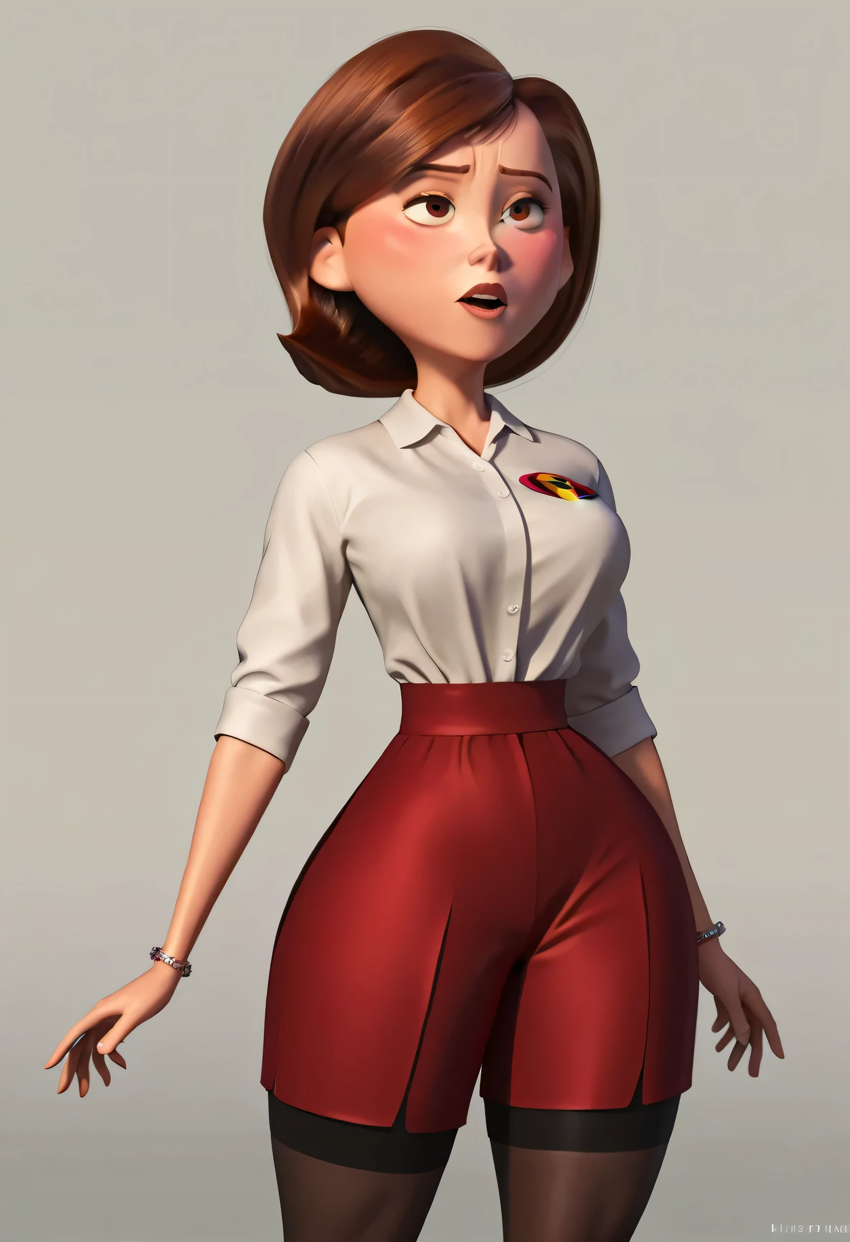 Helen Parr, combing her hair, defined eyes, full lips, thin, snub nose , orgasmic expression , With your back to the viewer, is located on 4 ((a certain figure)), thick legs, Thin waist, detailed gentle hands , much more lush, more muscular, Much more voluptuous, open year , sperm drips pornographic