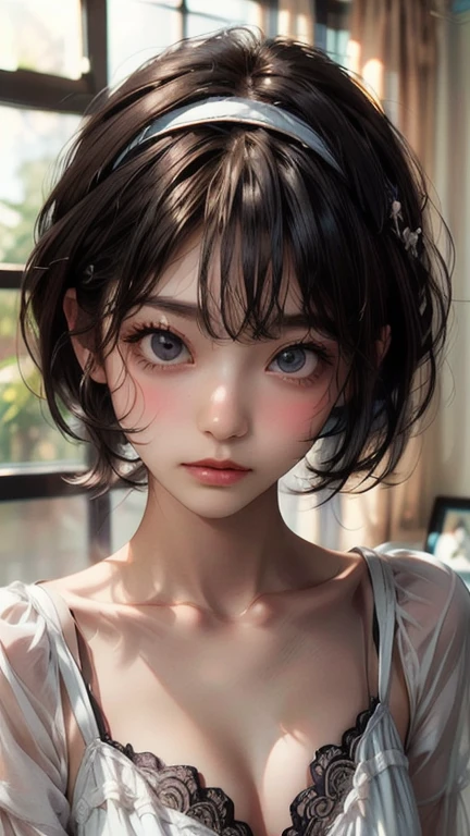 A little more round face and short hair