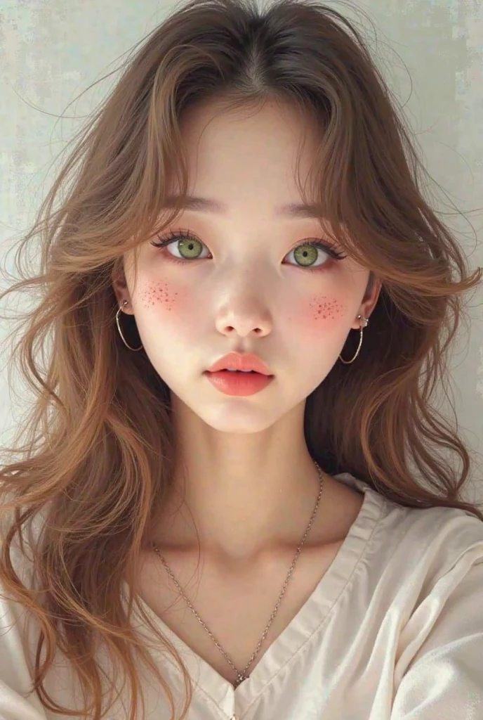 Create a Korean photocard style image, dd a Korean girl with douyin makeup taking a selfie and posing rude,  that has light brown hair, smooth and long, with freckles and eyes with green iris.