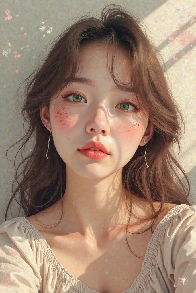 Create a Korean photocard style image, dd a Korean girl with douyin makeup taking a selfie and posing rude,  that has light brown hair, smooth and long, with freckles and eyes with green iris.