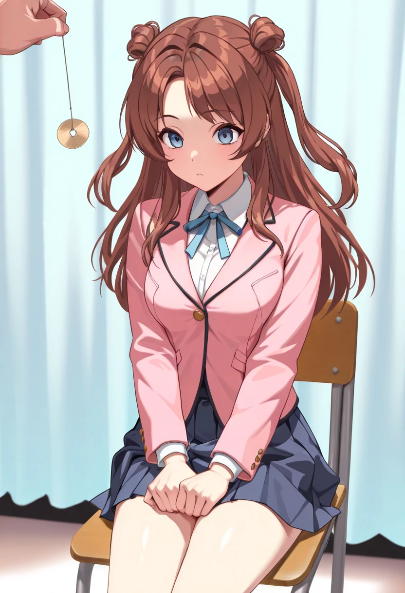 (masterpiece, ultra high definition, 16k, RAW photo, intricate), sharp focus, crisp details, 1girl , (sakihanami), (One Pendulum , Pendulum before her head:1.5), Swinging pendulum, (Another person's hand holds a pendulum), The girl stares at the pendulum, school chair, sitting chair, The girl is sitting quietly, Put your hands on your thighs, Infirmary, (cowboy shot), brown hair, long hair, hair bun, double bun, two side up, blue eyes, medium breasts, school uniform, blazer, (pink jacket), white shirt, collared shirt, neck ribbon, blue ribbon, blue skirt, pleated skirt, (simple background), blur the background
