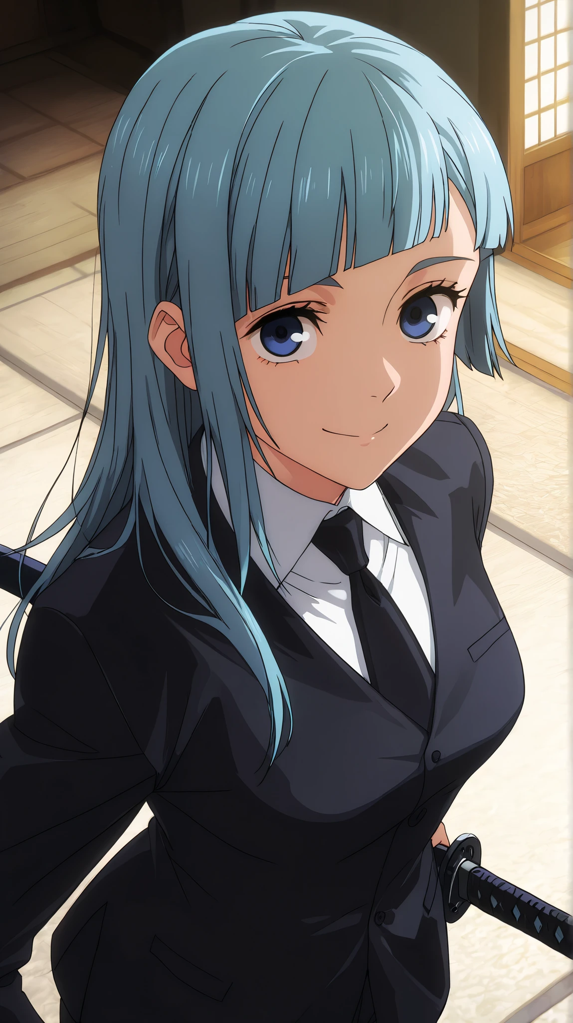 Kasumi,
High quality , best quality , masterpiece, High Resolution , detailed face( LoRA: Kasumi),anatomically correct, detailed hair Style( LoRA: Kasumi),anime Coloring,
solo, 1 girl,
blue hair, long hair, blue eyes, blunt bangs, breast,
pant suit, long sleeves, black jacket, white shirt, collared shirt, black necktie,
Katana on the waist,Katana
looking at viewer ,close up,upper body,from above
, Japanese-style room
, smile,