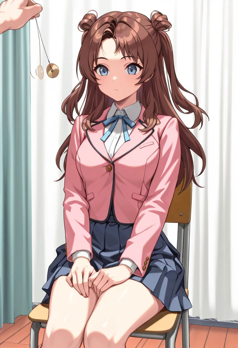 (masterpiece, ultra high definition, 16k, RAW photo, intricate), sharp focus, crisp details, 1girl , (sakihanami), (One Pendulum , Pendulum before her head:1.5), Swinging pendulum, (Another person's hand holds a pendulum), The girl stares at the pendulum, motion line, motion Effect, school chair, sitting chair, The girl is sitting quietly, Put your hands on your thighs, Infirmary, (cowboy shot), brown hair, long hair, hair bun, double bun, two side up, blue eyes, medium breasts, school uniform, blazer, (pink jacket), white shirt, collared shirt, neck ribbon, blue ribbon, blue skirt, pleated skirt, (simple background), blur the background