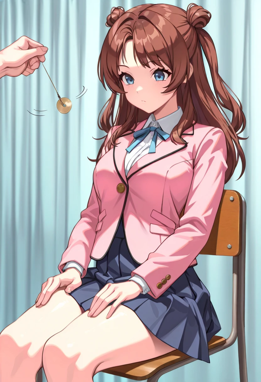 (masterpiece, ultra high definition, 16k, RAW photo, intricate), sharp focus, crisp details, 1girl , (sakihanami), (One Pendulum , Pendulum before her head:1.5), Swinging pendulum, (Another person's hand holds a pendulum), The girl stares at the pendulum, motion line, motion Effect, school chair, sitting chair, The girl is sitting quietly, Put your hands on your thighs, Infirmary, (cowboy shot), brown hair, long hair, hair bun, double bun, two side up, blue eyes, medium breasts, school uniform, blazer, (pink jacket), white shirt, collared shirt, neck ribbon, blue ribbon, blue skirt, pleated skirt, (simple background), blur the background