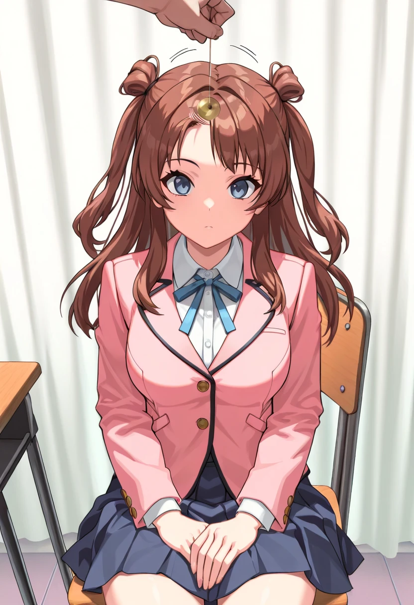 (masterpiece, ultra high definition, 16k, RAW photo, intricate), sharp focus, crisp details, 1girl , (sakihanami), (One Pendulum , Pendulum before her head:1.5), Swinging pendulum, (Another person's hand holds a pendulum), The girl stares at the pendulum, motion line, motion Effect, school chair, sitting chair, The girl is sitting quietly, Put your hands on your thighs, Infirmary, (cowboy shot), brown hair, long hair, hair bun, double bun, two side up, blue eyes, medium breasts, school uniform, blazer, (pink jacket), white shirt, collared shirt, neck ribbon, blue ribbon, blue skirt, pleated skirt, (simple background), blur the background