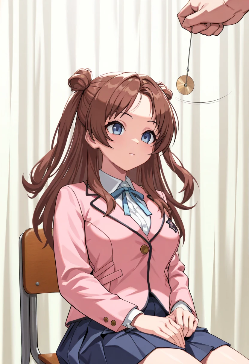 (masterpiece, ultra high definition, 16k, RAW photo, intricate), sharp focus, crisp details, 1girl , (sakihanami), (One Pendulum , Pendulum before her head:1.5), Swinging pendulum, (Another person's hand holds a pendulum), The girl stares at the pendulum, motion line, motion Effect, school chair, sitting chair, The girl is sitting quietly, Put your hands on your thighs, Infirmary, (cowboy shot), brown hair, long hair, hair bun, double bun, two side up, blue eyes, medium breasts, school uniform, blazer, (pink jacket), white shirt, collared shirt, neck ribbon, blue ribbon, blue skirt, pleated skirt, (simple background), blur the background