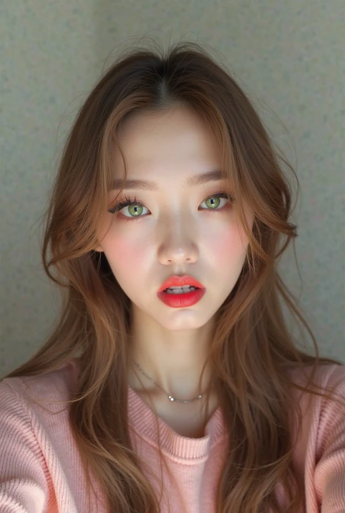 Create a Korean photocard style image, of a Korean girl with douyin makeup taking a selfie and posing rude,  that has light brown hair, smooth and long and eyes with green irises.