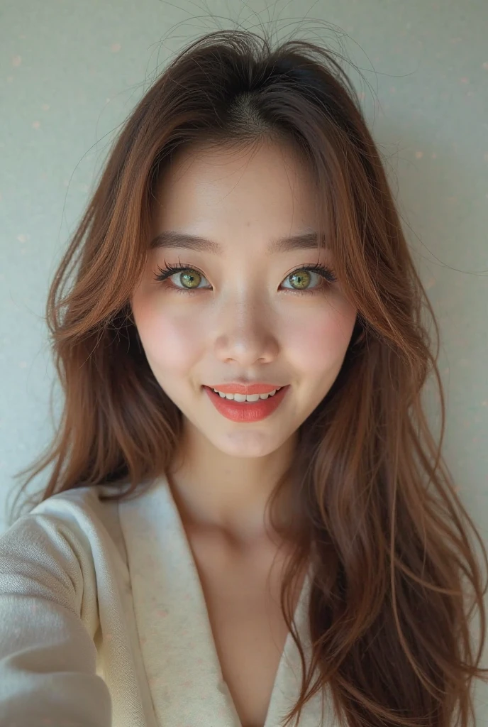 Create a Korean photocard style image, of a Korean girl with douyin makeup taking a selfie and posing rude,  that has light brown hair, smooth and long and eyes with green irises.