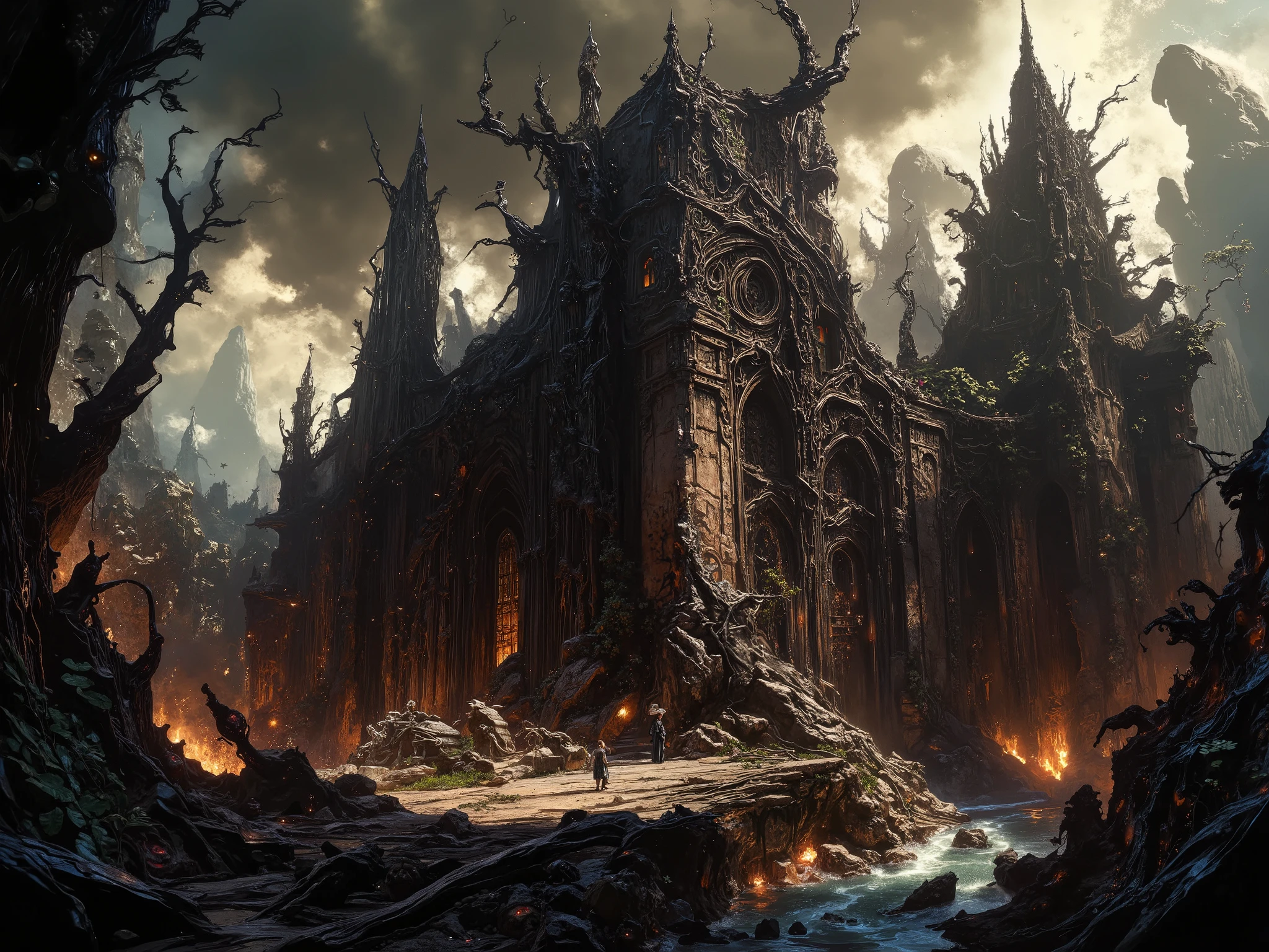 A beautiful gloomy and sinister necromancer's castle, overgrown with wild black roses and full of undead servants and monsters