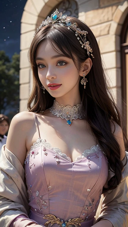 8K Ultra HD, masterpiece, Highest quality, Beautiful girl, Long Hair, Impressive hairstyle, Royal headdress, Cute face, Perfect Face, Jewelry Earrings, Antique Jewelry, Details, Beautiful Eyes, Careful makeup, Thin eyebrows, Beautiful Lips, Medium chest, Royal dress, Amethyst rainbow dress, Pale rainbow lace, Realistic colors, Magical Effects, Night Background, Look directly at the audience, Attractive pose,smile,smile,