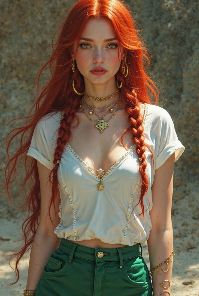 Young redhead, Light green eyes, of irish origin, long hair with some braids, visible freckles, Raised by Native Americans in a Wild West universe