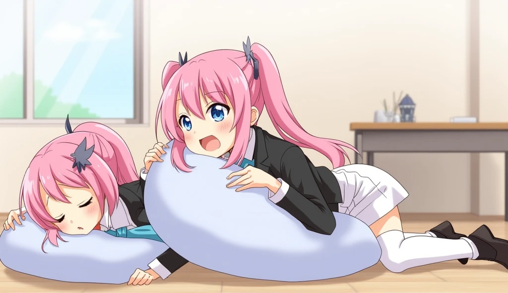 Elementary school girl, , A cup breasts, white hair, long hair, purple eyes, smiling face(one person) Pink sleeveless top Black mini skirt and white panties((I can see her panties)) Barefoot Girls Room Sitting on the floor Dynamic angle Low angle nekomimi