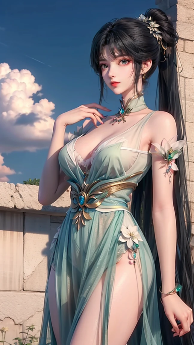 城市beauty的女大学生,masterpiece,Light makeup,Red lips,Black Hair,Disheveled long hair,Double ponytail hairstyle,Headdress,Street background,beauty,grace。Super fine details,masterpiece,Authentic texture,Film lighting reality,perfect job,16K,HD,Exquisite features,Green Eyes,Japanese Idol,beauty的脸,Lovely smile,Black hair,beauty的头发,Double ponytail,Charming charm,Large Breasts,Erect nipples,Oily muscles,Shiny skin,White glowing skin,Sexy sweater,Big bright eyes,Smooth skin,earrings,necklace,Tattoo,Blue sky、White Cloud、forest