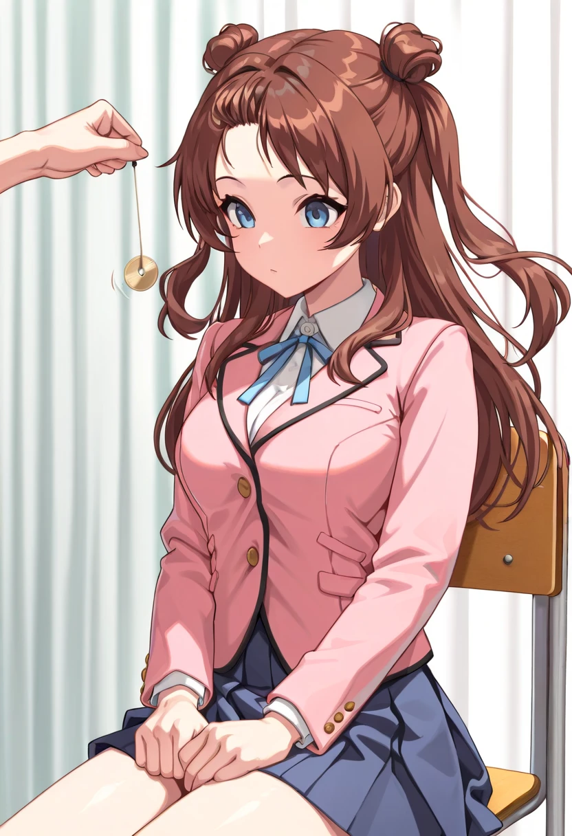 (masterpiece, ultra high definition, 16k, RAW photo, intricate), sharp focus, crisp details, 1girl , (sakihanami), (One Pendulum , Pendulum before her head:1.5), Swinging pendulum, (Another person's hand holds a pendulum), The girl stares at the pendulum, motion line, motion Effect, school chair, sitting chair, The girl is sitting quietly, Put your hands on your thighs, Infirmary, (cowboy shot), brown hair, long hair, hair bun, double bun, two side up, blue eyes, medium breasts, school uniform, blazer, (pink jacket), white shirt, collared shirt, neck ribbon, blue ribbon, blue skirt, pleated skirt, (simple background), blur the background