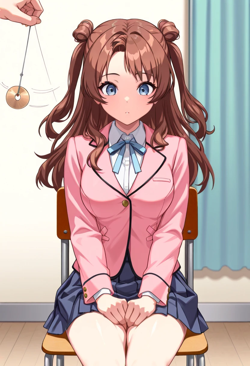 (masterpiece, ultra high definition, 16k, RAW photo, intricate), sharp focus, crisp details, 1girl , (sakihanami), (One Pendulum , Pendulum before her head:1.5), Swinging pendulum, (Another person's hand holds a pendulum), The girl stares at the pendulum, motion line, motion Effect, school chair, sitting chair, The girl is sitting quietly, Put your hands on your thighs, Infirmary, (cowboy shot), brown hair, long hair, hair bun, double bun, two side up, blue eyes, medium breasts, school uniform, blazer, (pink jacket), white shirt, collared shirt, neck ribbon, blue ribbon, blue skirt, pleated skirt, (simple background), blur the background