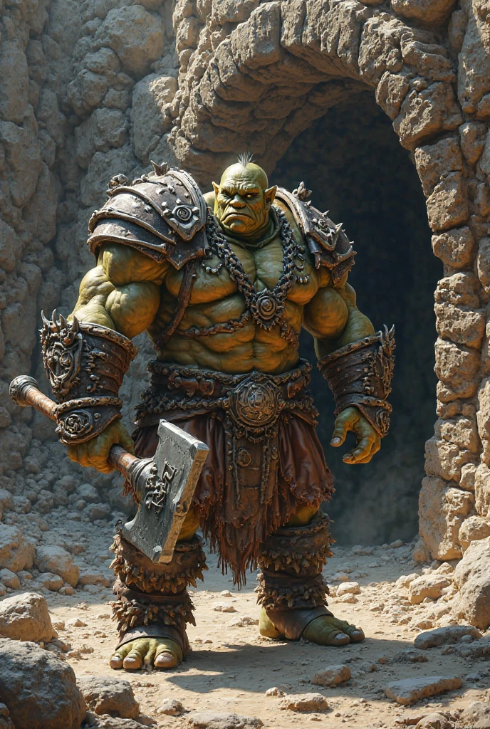 Create an image of an orc. It is a large, imposing figure with a muscular build. The orc has greenish-brown skin, a broad, brutish face with a prominent underbite, and large, tusk-like teeth jutting from its lower jaw. Its eyes are a fierce red or yellow, conveying strength and aggression. The orc is wearing heavy, rugged armor made of metal and leather, adorned with spikes and chains. It wields a massive, battle-worn axe and stands in a powerful, aggressive stance. The background should be a desolate, war-torn landscape or a rugged battlefield to emphasize its warrior nature.