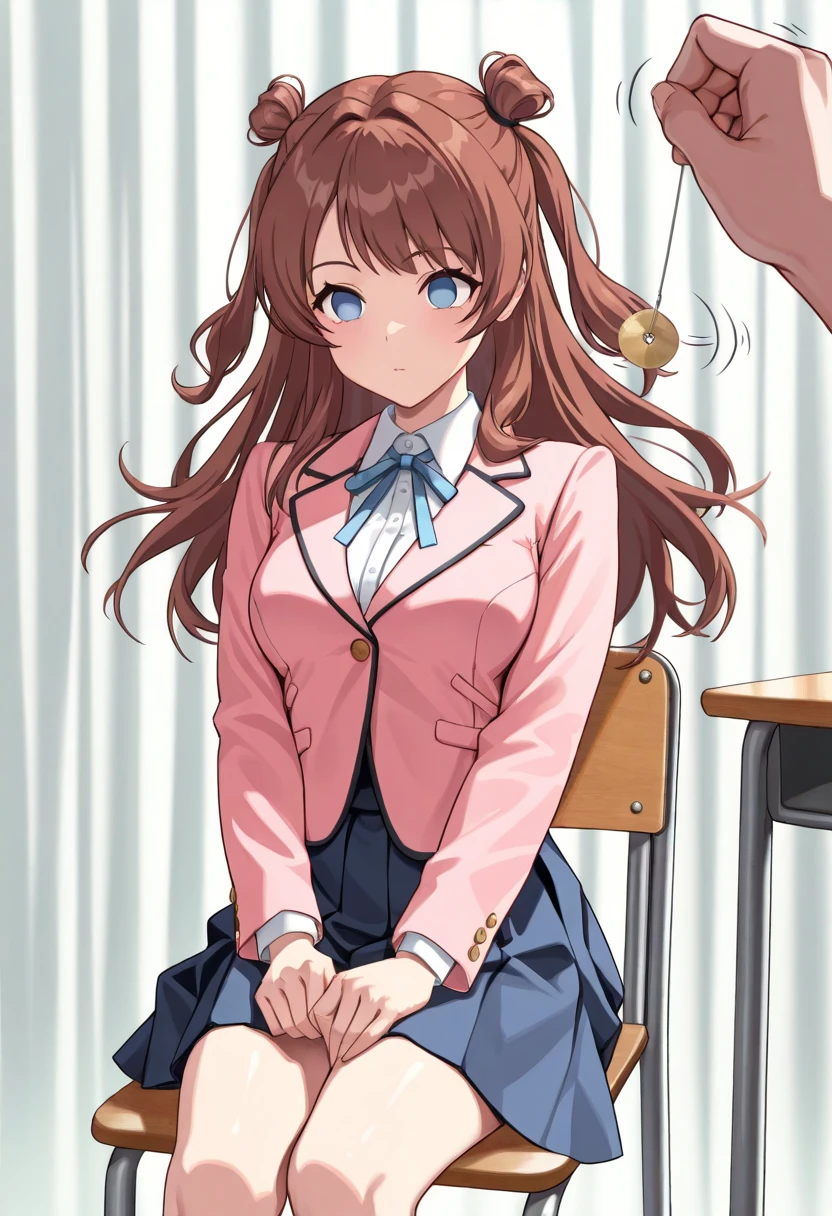 (masterpiece, ultra high definition, 16k, RAW photo, intricate), sharp focus, crisp details, 1girl , (sakihanami), (One Pendulum , Pendulum before her face:1.5), Swinging pendulum, (Another person's hand holds a pendulum), The girl stares at the pendulum, motion line, motion Effect, school chair, sitting chair, The girl is sitting quietly, Put your hands on your thighs, Infirmary, (cowboy shot), brown hair, long hair, hair bun, double bun, two side up, blue eyes, no pupils, medium breasts, school uniform, blazer, (pink jacket), white shirt, collared shirt, neck ribbon, blue ribbon, blue skirt, pleated skirt, (simple background), blur the background