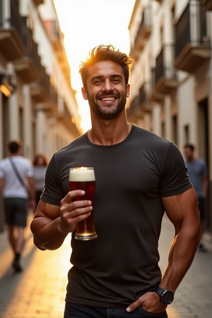 A robust and charismatic Man Holding Holding Glass of beer, strong, muscular build, well-groomed beard and a confident smile, a mischievous glint eyes, His outfit could incorporate elements of beer culture such as a casual shirt and jeans or even a beer-themed t-shirt Colors like golden brown or amber could be used to represent the color of beer, Bar background,Masterpiece photo, Eye catching photo nikon d850 film stock photograph 4 kodak portrait 400 camera f1.6 lens rich colors hyper realistic lifelike texture dramatic lighting unreal engine trending on artstation cinestill 800,8k,cinematic,cinematic shot, Medium shot