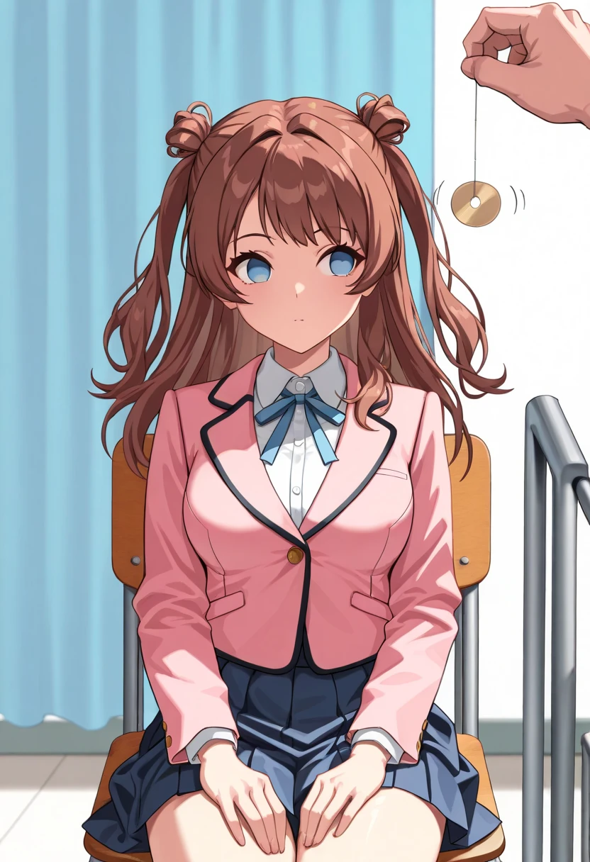 (masterpiece, ultra high definition, 16k, RAW photo, intricate), sharp focus, crisp details, 1girl , (sakihanami), (One Pendulum , Pendulum before her face:1.5), Swinging pendulum, (Another person's hand holds a pendulum), The girl stares at the pendulum, motion line, motion Effect, school chair, sitting chair, The girl is sitting quietly, Put your hands on your thighs, Infirmary, (cowboy shot), brown hair, long hair, hair bun, double bun, two side up, blue eyes, no pupils, medium breasts, school uniform, blazer, (pink jacket), white shirt, collared shirt, neck ribbon, blue ribbon, blue skirt, pleated skirt, (simple background), blur the background