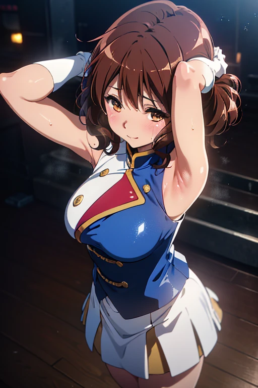 (((masterpiece))), ((highest quality)), (Very detailed), ((High resolution)), ((8k)), (Anatomically correct), (The correct number of fingers), One Woman, Big Breasts, Chestnut Hair, Bun hair, Long Hair, Twin tails, Very cute woman, delicate, Charming smile, Blue eyes, Bright Eyes, Best moment, Vivid eyes, cute, Beautiful Skin, cute顔, delicateな腕, Detailed skin texture, Intricate details, Very detailedな顔, Beautiful Eyes, Thighs, Waistline, bar counter, ((Bunny girl)), (Fake rabbit ears head dress), Sweat, An inviting gaze, Provocative Gaze, smug face, Shiny clothes,