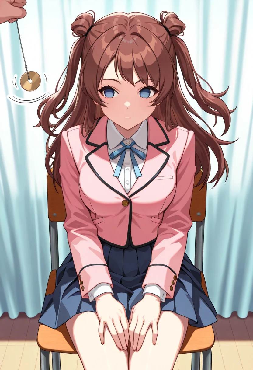 (masterpiece, ultra high definition, 16k, RAW photo, intricate), sharp focus, crisp details, 1girl , (sakihanami), (One Pendulum , Pendulum before her face:1.5), Swinging pendulum, (Another person's hand holds a pendulum), The girl stares at the pendulum, motion line, motion Effect, school chair, sitting chair, The girl is sitting quietly, Put your hands on your thighs, Infirmary, (cowboy shot), brown hair, long hair, hair bun, double bun, two side up, blue eyes, no pupils, medium breasts, school uniform, blazer, (pink jacket), white shirt, collared shirt, neck ribbon, blue ribbon, blue skirt, pleated skirt, (simple background), blur the background