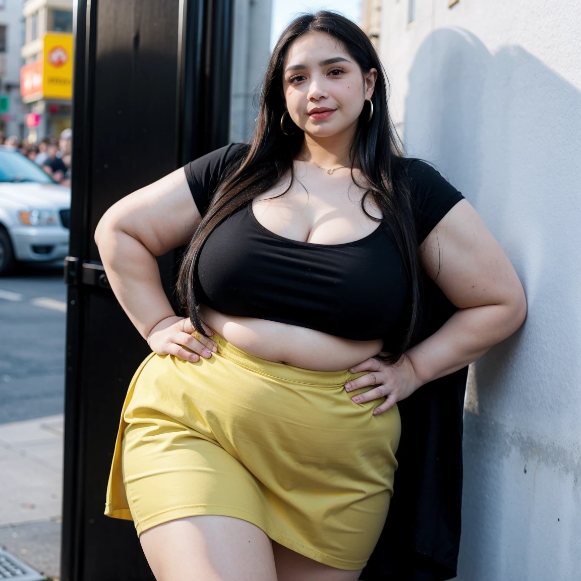 there is a woman in a black shirt and gold shorts posing for a picture, beautiful thick female, thicc, wide hips, thick thighs, alluring plus sized model, rubenesque, thick legs, large thighs, plus size woman, widest hips, thick body, thick, curvy hourglass figure, curvy model, arabian-japanese goddess , beautiful curvy female, slightly fat arms , wearing 5 bracelet, wearing 3 diamond necklace