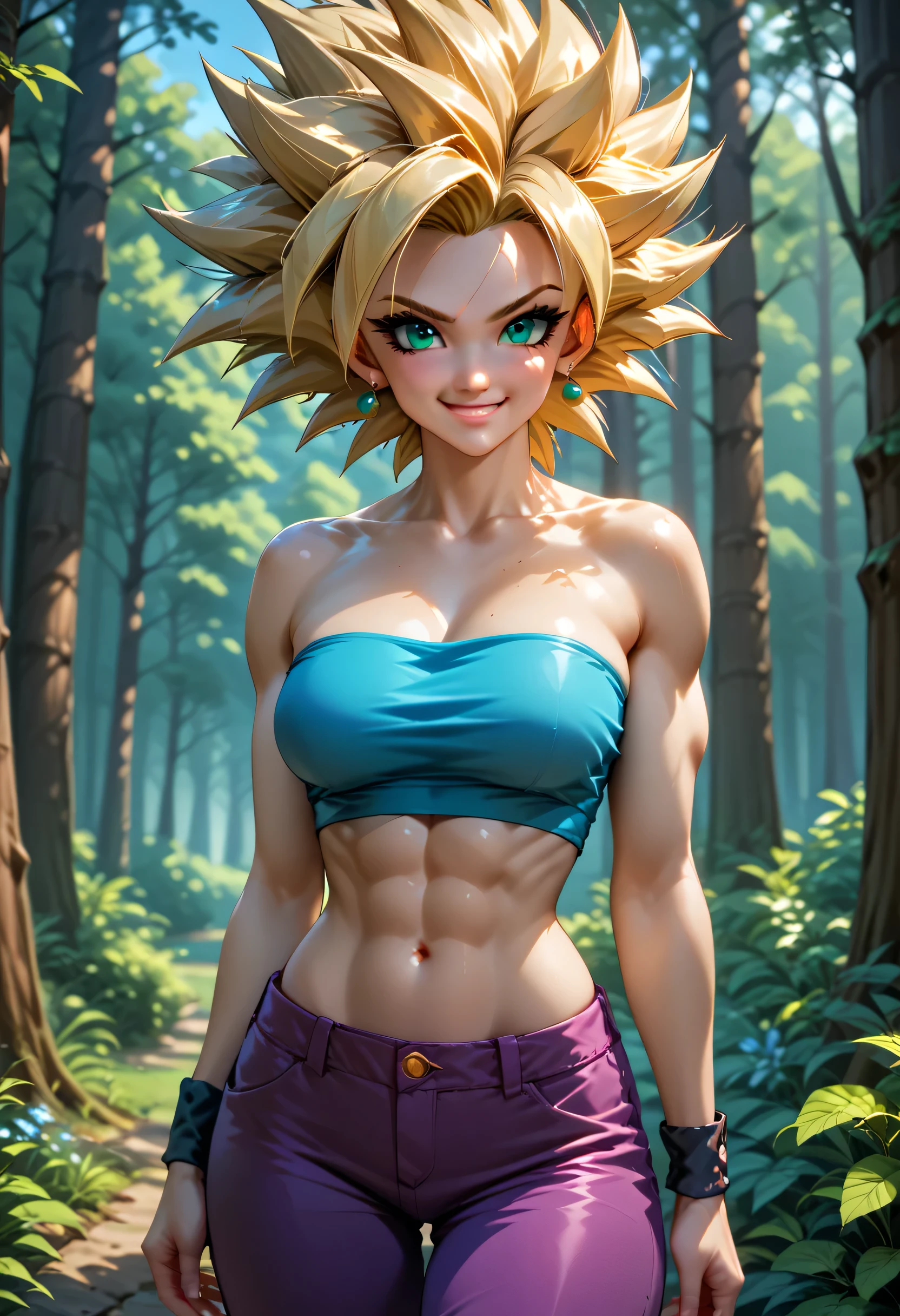 cauliflassj, 1girl, solo, aqua eyes, blonde hair, spiked hair, big hair, super saiyan,
bare shoulders, midriff, pnk top, crop top, strapless, tube top, bandeau, purple pants, baggy pants, puffy pants, black wristband,
smile,closed mouth,cowboy shot,
forest,outdoor,
(insanely detailed, beautiful detailed face, masterpiece, best quality) cinematic lighting,