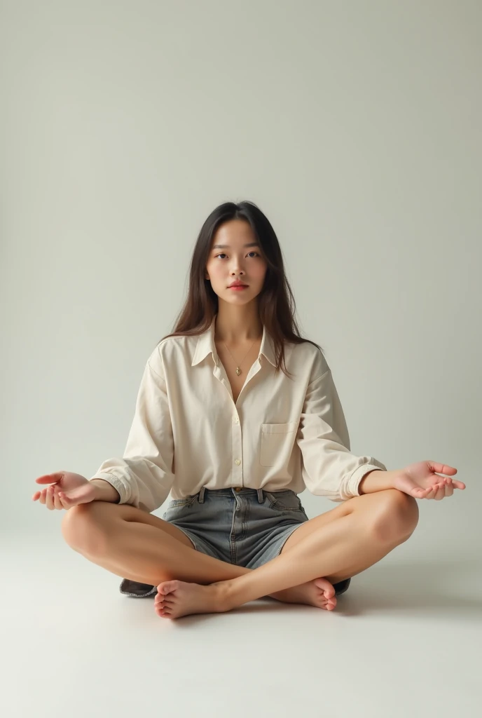 A THIN GIRL OF 20 DOING MEDITATION QUITELY AND LITTLE SMILING . FULL SLEAVE AND PANT AND HAVING GLASSES