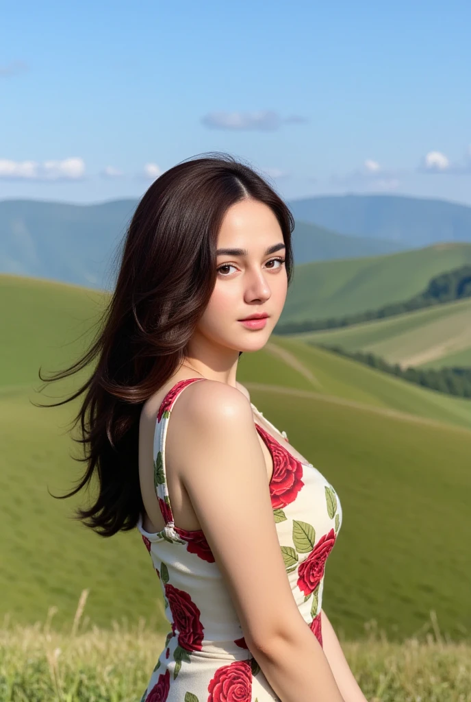 xxmixgirl, full body of a beautiful cute long face Japanese girl, happy smiling, still from the film, ((young Marion Cotillard face : 1.1)), ((young Anne Hathaway face: 0.9)), side shot, portrait photo of a cute 19 y.o woman, looks at viewer, full lips, beauty natural skin, skin moles, starry night, (cinematic, film grain:1.1), ((asian winged eyes, very long and slender slim face, windy tousled, goddess long curly black hair, stapless crop top)), relaxing among mountains valley, Leica SL3, Summicron-SL 75mm ASPH, F/2, (cinematic still:1.2) Kodak Gold 200 film, bokeh, rim lighting, silhouette, shallowed depth of field, dynamic hands up,