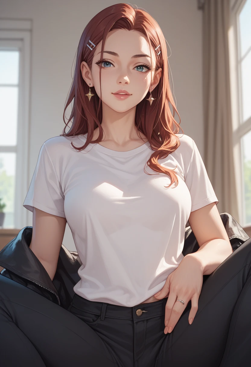 ((best quality)), ((masterpiece)), (detailed), 1girl with fair skin, auburn hair and amber eyes(in casual clothing)