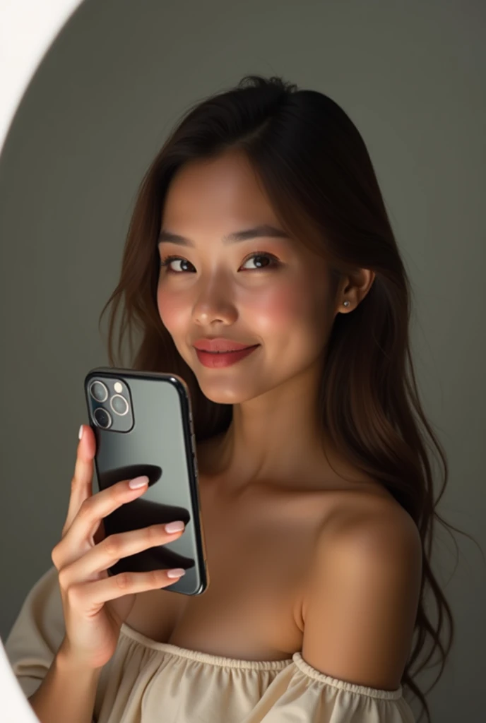 a pretty young woman taking selfie with iPhone camera, 