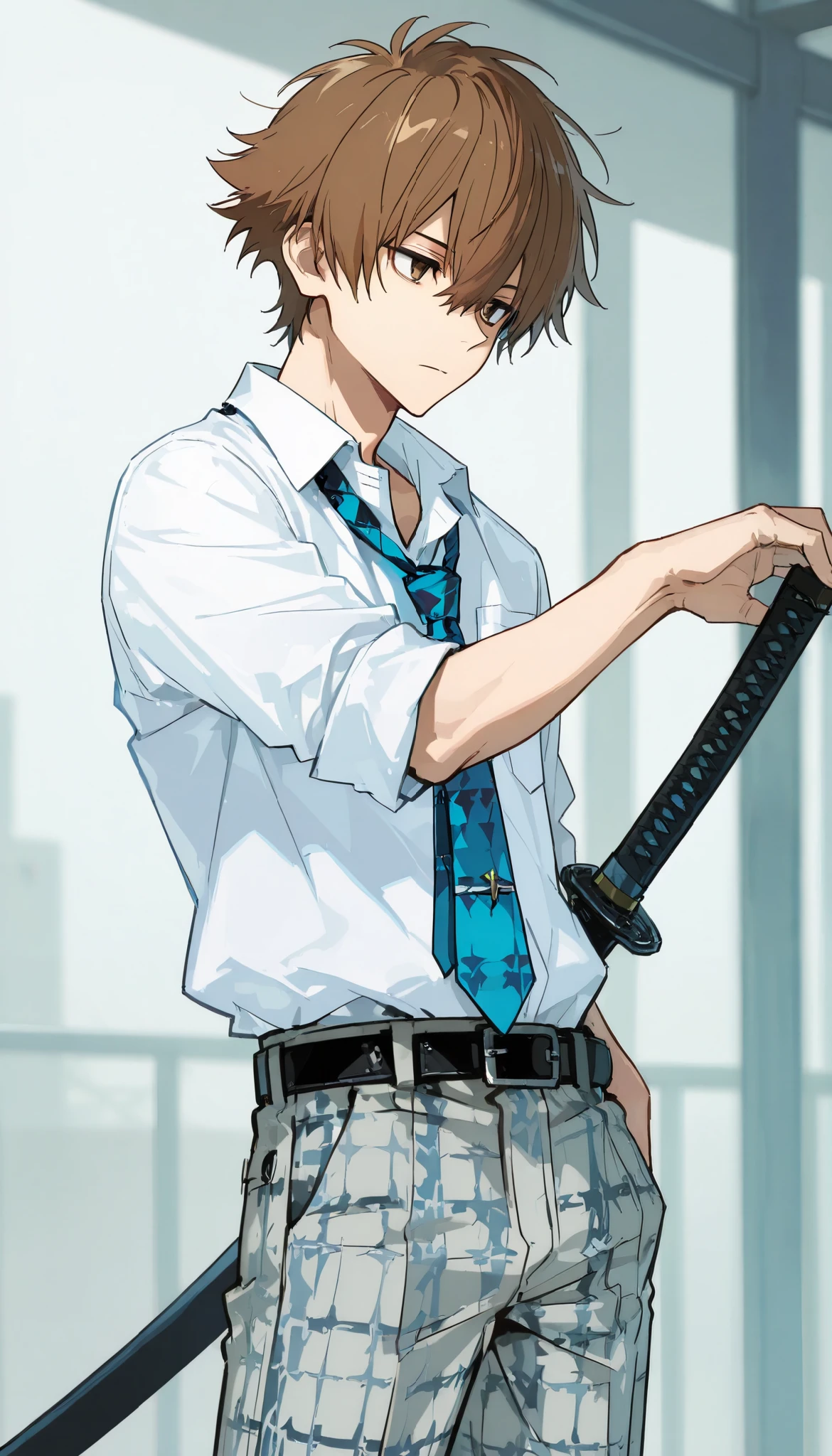 1boy, solo, standing, newest, highres, highly detailed, best quality, masterpiece, stylish pose,
(weapon, katana, holding sheathed katana:1.5, perfect katana), high school uniform, white shirt, half sleeves, houndstooth printed pants, belt, loose necktie,
Expressionless, brown hair, spiky hair,
score_9, score_8_up, score_8,source_anime,