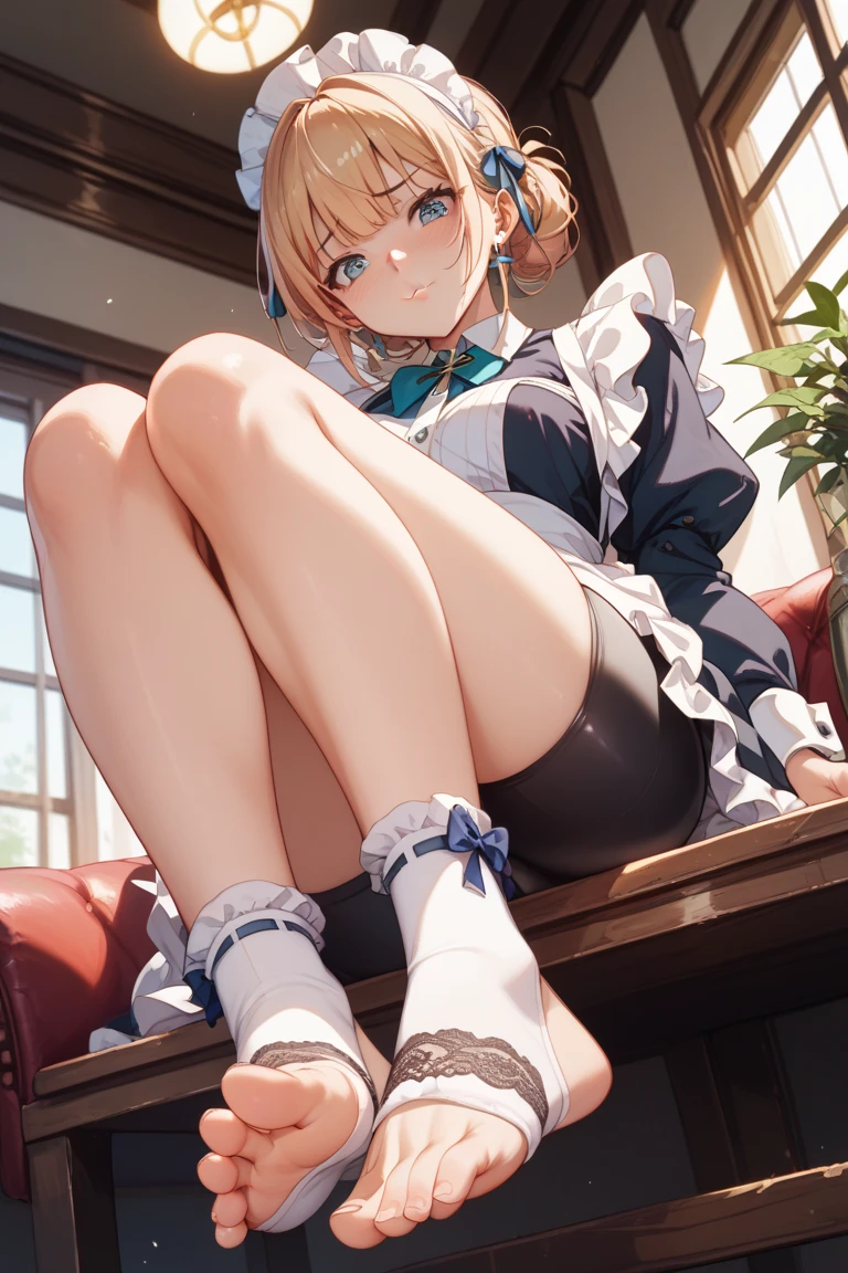 nsfw, best picture quality, 8K, high quality, masterpiece:1.2), ((masterpiece)), (high detail, high quality, best picture quality), bokeh, DOF, cute round face, Portrait, (cute illustration:1.2), (perfectly balanced anatomy), Sexy lady sitting in the office、Sleeveless shirt、Armpits are visible、Black Pantyhose、Her panties are visible through the gap between her crossed legs.、Angle from below, extremely cute, sapphire kawashima embarrassed, smiling,