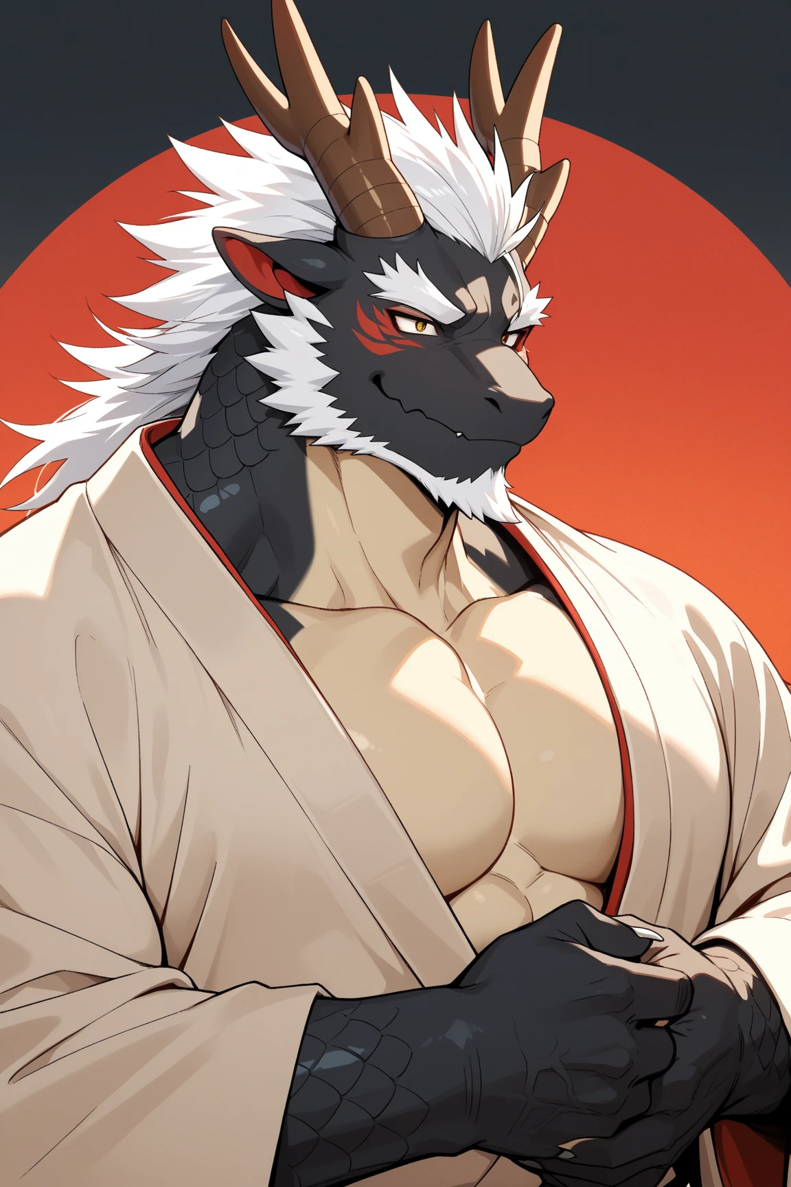 (white eastern dragon),furry,white mustache,big pecs,hearty males,muscular,black imperial robe,adult,traditional_chinese_room，head portrait