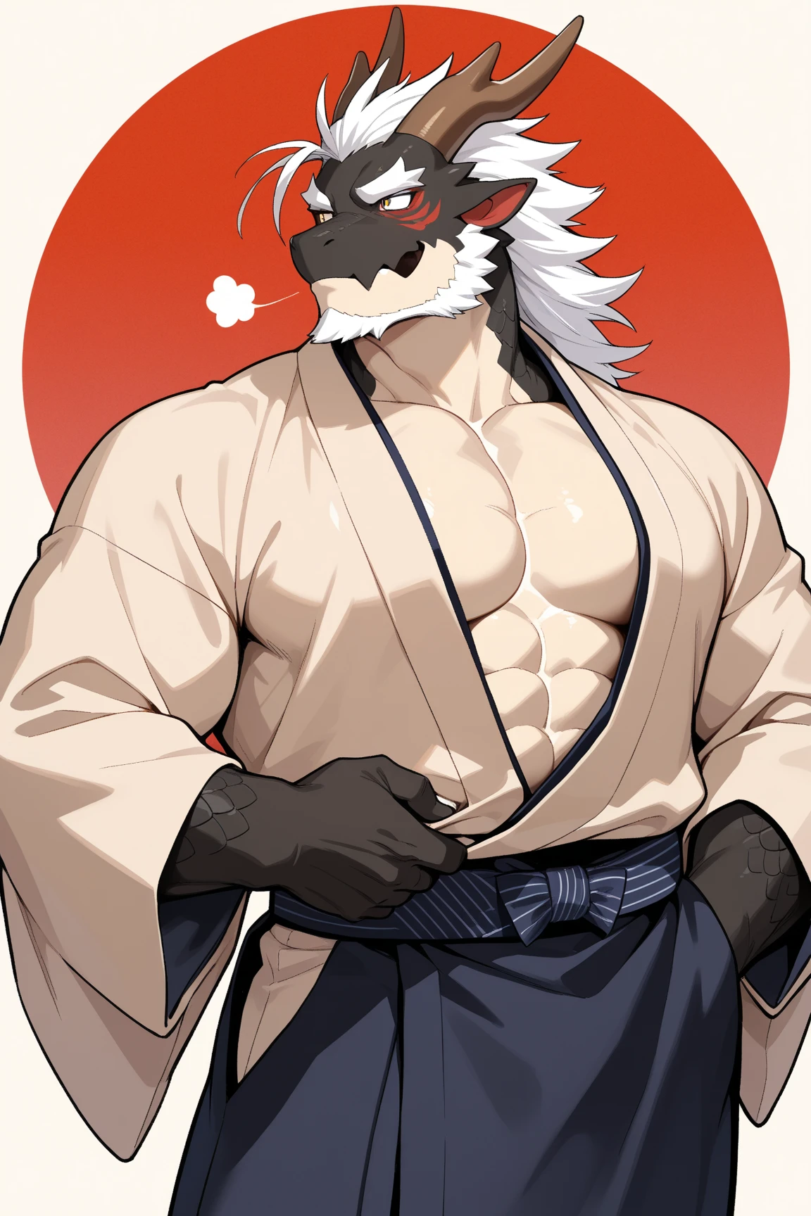 (white eastern dragon),furry,white mustache,big pecs,hearty males,muscular,black imperial robe,naked,adult,traditional_chinese_room,head portrait,scar,blood