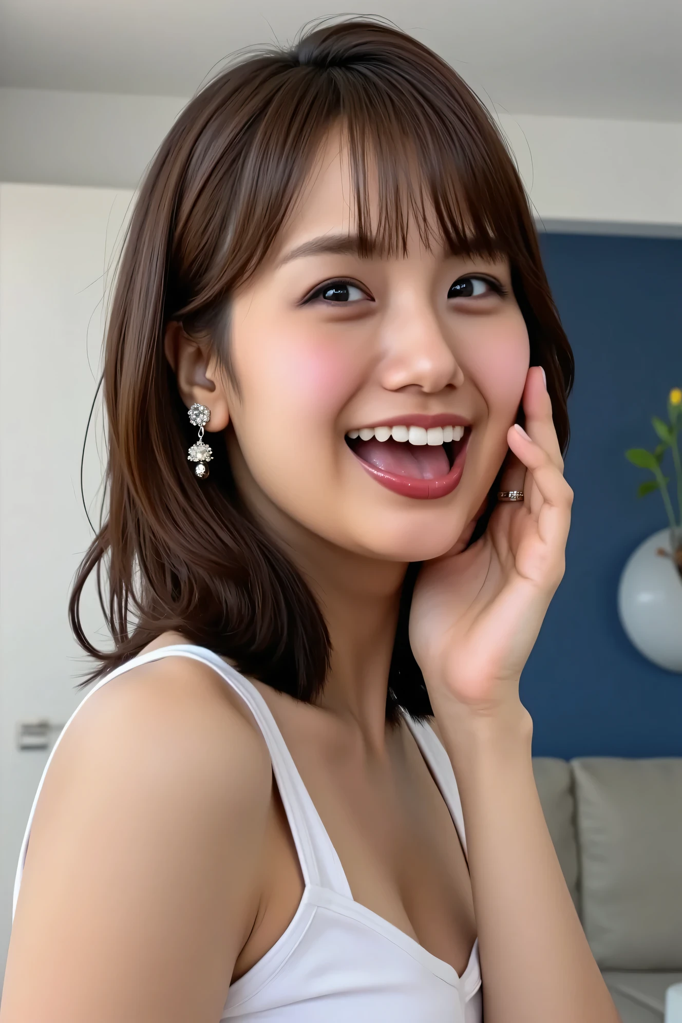((( high definition , top quality, very detailed, masterpiece , high-definition detailed photos , realistic , Real people々 , Super precise skin ))) , , ( from before ) , Full Body , Pre-shot , viewer , ( giggle face , open mouth wide . stick out the tongue ) , { wear a sports bra and denim shorts : 1.8 } , black hair , medium hair , medium breasts , { lying on her back, from the side : 1.8 } , dark time at dawn , (( keep your hair behind your ears : 1.8)) , { nsfw },