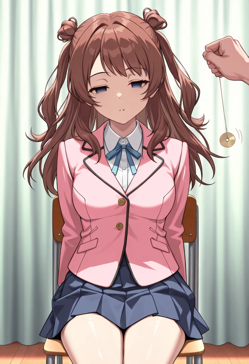 (masterpiece, ultra high definition, 16k, RAW photo, intricate), sharp focus, crisp details, 1girl , (sakihanami), (One Pendulum , Pendulum before her face:1.5), Swinging pendulum, (Another person's hand holds a pendulum), The girl stares at the pendulum, motion line, motion Effect, school chair, sitting chair, The girl is sitting quietly, Put your hands on your thighs, Infirmary, (cowboy shot), brown hair, long hair, hair bun, double bun, two side up, blue eyes, (empty eyes, half closed eyes), Sleepy eyes, medium breasts, school uniform, blazer, (pink jacket), white shirt, collared shirt, neck ribbon, blue ribbon, blue skirt, pleated skirt, (simple background), blur the background