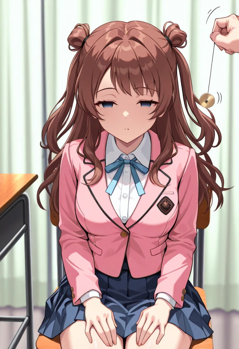(masterpiece, ultra high definition, 16k, RAW photo, intricate), sharp focus, crisp details, 1girl , (sakihanami), (One Pendulum , Pendulum before her face:1.5), Swinging pendulum, (Another person's hand holds a pendulum), The girl stares at the pendulum, motion line, motion Effect, school chair, sitting chair, The girl is sitting quietly, Put your hands on your thighs, Infirmary, (cowboy shot), brown hair, long hair, hair bun, double bun, two side up, blue eyes, (empty eyes, half closed eyes), Sleepy eyes, medium breasts, school uniform, blazer, (pink jacket), white shirt, collared shirt, neck ribbon, blue ribbon, blue skirt, pleated skirt, (simple background), blur the background