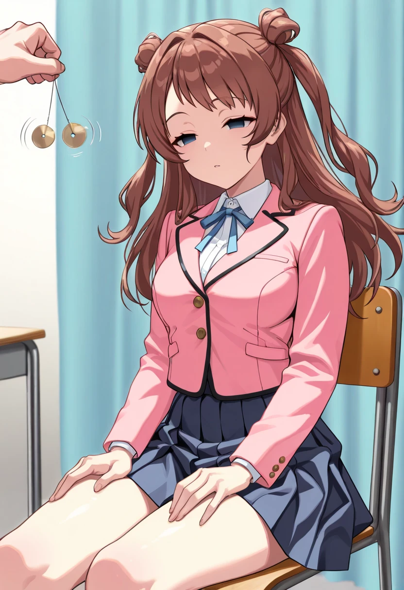 (masterpiece, ultra high definition, 16k, RAW photo, intricate), sharp focus, crisp details, 1girl , (sakihanami), (One Pendulum , Pendulum before her face:1.5), Swinging pendulum, (Another person's hand holds a pendulum), The girl stares at the pendulum, motion line, motion Effect, school chair, sitting chair, The girl is sitting quietly, Put your hands on your thighs, Infirmary, (cowboy shot), brown hair, long hair, hair bun, double bun, two side up, blue eyes, (empty eyes, half closed eyes), Sleepy eyes, medium breasts, school uniform, blazer, (pink jacket), white shirt, collared shirt, neck ribbon, blue ribbon, blue skirt, pleated skirt, (simple background), blur the background
