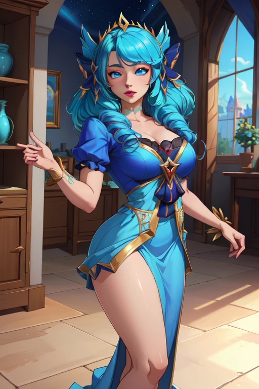 sona \(league of legends\), blue hair, blue eyes, gradient hair, twintails, hair ornament, with big breasts on display