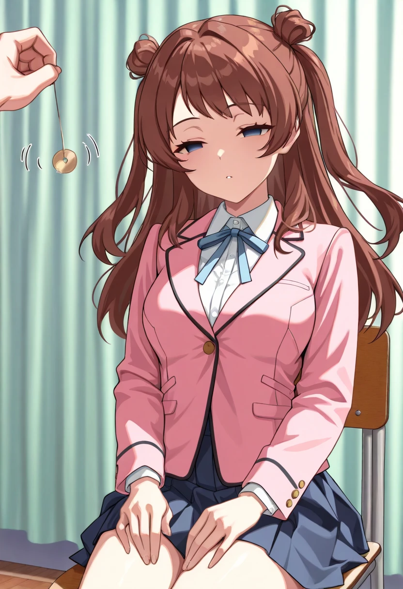 (masterpiece, ultra high definition, 16k, RAW photo, intricate), sharp focus, crisp details, 1girl , (sakihanami), (One Pendulum , Pendulum before her face:1.5), Swinging pendulum, (Another person's hand holds a pendulum), The girl stares at the pendulum, motion line, motion Effect, school chair, sitting chair, The girl is sitting quietly, Put your hands on your thighs, Infirmary, (cowboy shot), brown hair, long hair, hair bun, double bun, two side up, blue eyes, (empty eyes, half closed eyes), Sleepy eyes, medium breasts, school uniform, blazer, (pink jacket), white shirt, collared shirt, neck ribbon, blue ribbon, blue skirt, pleated skirt, (simple background), blur the background