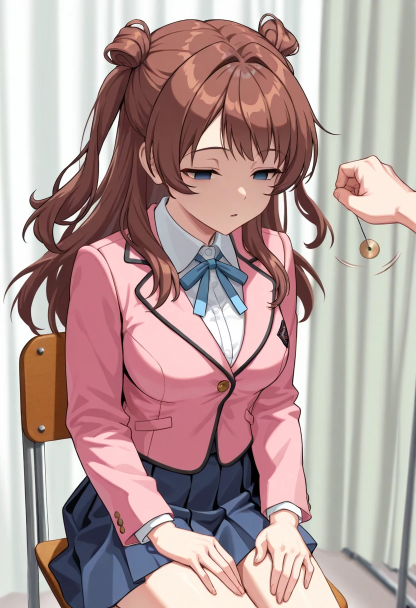 (masterpiece, ultra high definition, 16k, RAW photo, intricate), sharp focus, crisp details, 1girl , (sakihanami), (One Pendulum , Pendulum before her face:1.5), Swinging pendulum, (Another person's hand holds a pendulum), The girl stares at the pendulum, motion line, motion Effect, school chair, sitting chair, The girl is sitting quietly, Put your hands on your thighs, Infirmary, (cowboy shot), brown hair, long hair, hair bun, double bun, two side up, blue eyes, (empty eyes, half closed eyes), Sleepy eyes, medium breasts, school uniform, blazer, (pink jacket), white shirt, collared shirt, neck ribbon, blue ribbon, blue skirt, pleated skirt, (simple background), blur the background