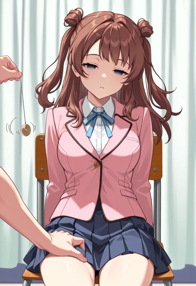 (masterpiece, ultra high definition, 16k, RAW photo, intricate), sharp focus, crisp details, 1girl , (sakihanami), (One Pendulum , Pendulum before her face:1.5), Swinging pendulum, (Another person's hand holds a pendulum), The girl stares at the pendulum, motion line, motion Effect, school chair, sitting chair, The girl is sitting quietly, Put your hands on your thighs, Infirmary, (cowboy shot), brown hair, long hair, hair bun, double bun, two side up, blue eyes, (empty eyes, half closed eyes), Sleepy eyes, medium breasts, school uniform, blazer, (pink jacket), white shirt, collared shirt, neck ribbon, blue ribbon, blue skirt, pleated skirt, (simple background), blur the background
