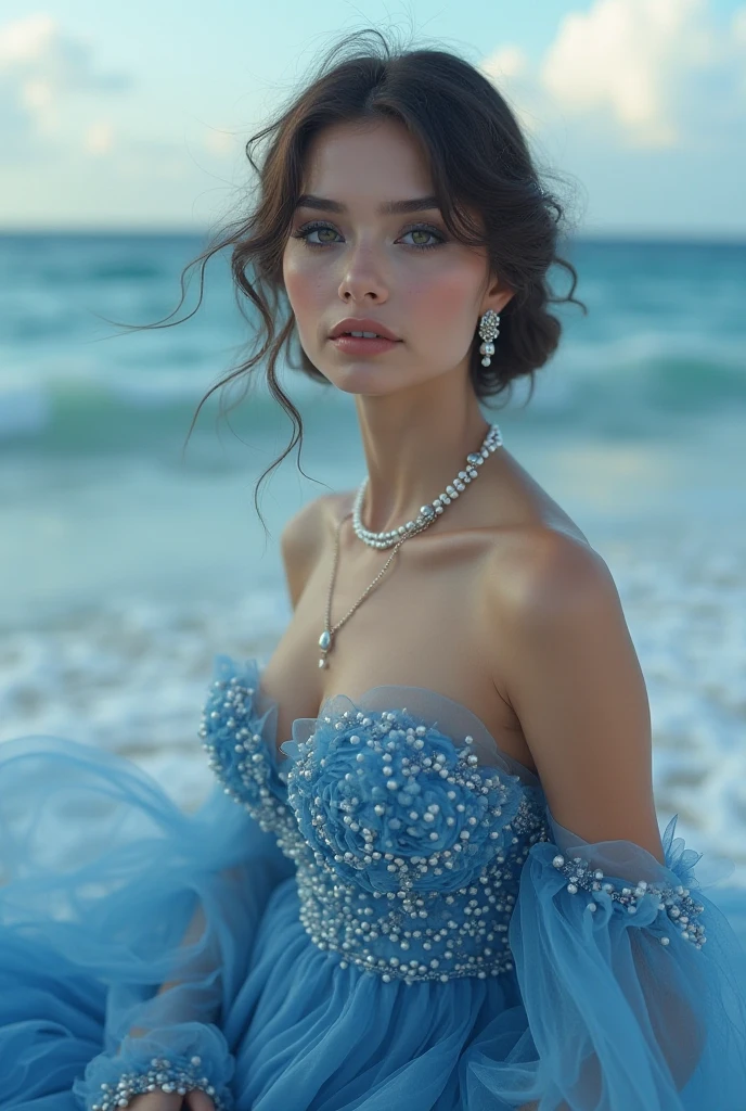 (best quality,4K,8k,highres,master part:1.2),ultra detail,(Realistic,photorrealistic,photo-realistic:1.37), young woman, (fully body:1.2), tall woman, Thin woman, dark short hair, pale blue eyes, beautiful detailed eyes, beautiful detailed lips, light white and dress, whirling in the wind, almost translucent, cleavage, big tits