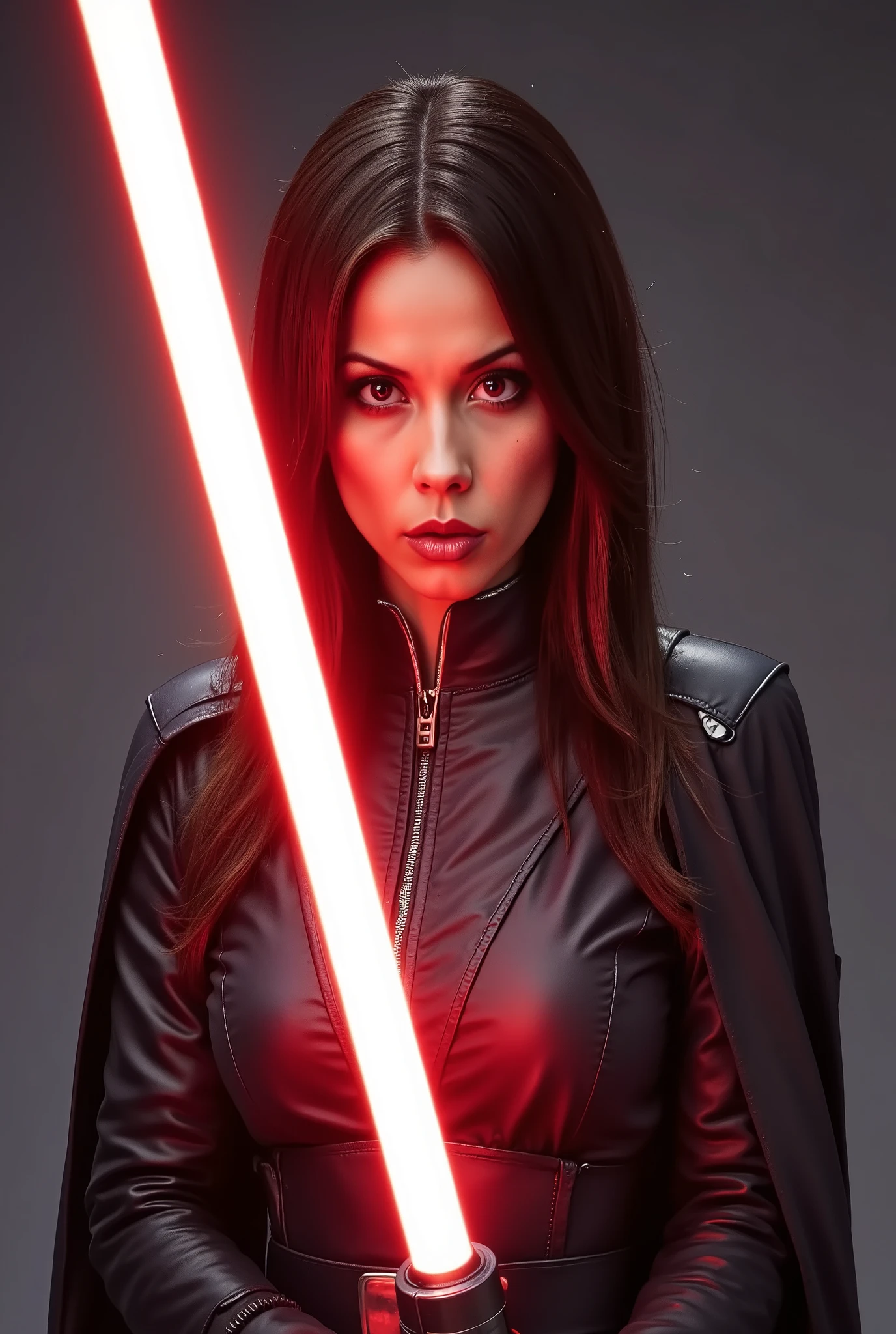 full body shot, female warrior, sith lord, star wars, red lightsaber, intricate details,beautiful detailed eyes, beautiful detailed lips, extremely detailed face, long eyelashes, evil look, diabolic, dramatic lighting, dark fantasy, chiaroscuro, cinematic composition, dramatic pose, dynamic action, moody atmosphere, deep shadows, vibrant colors, photorealistic, 8k, masterpiece