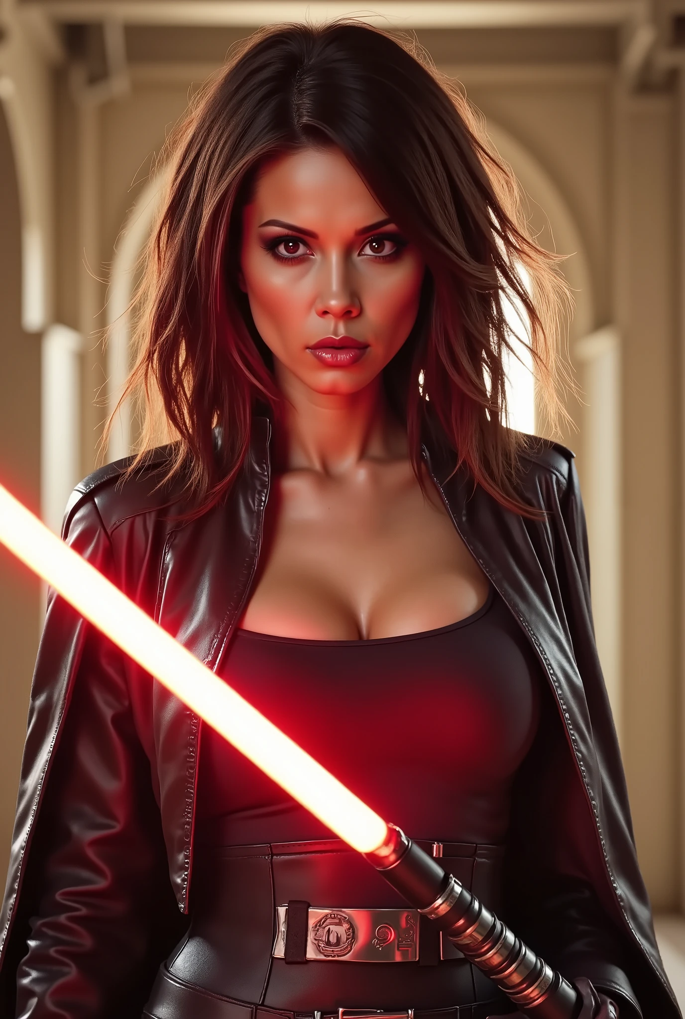 full body shot, female warrior, sith lord, star wars, red lightsaber, intricate details,beautiful detailed eyes, beautiful detailed lips, extremely detailed face, long eyelashes, evil look, diabolic, dramatic lighting, dark fantasy, chiaroscuro, cinematic composition, dramatic pose, dynamic action, moody atmosphere, deep shadows, vibrant colors, photorealistic, 8k, masterpiece